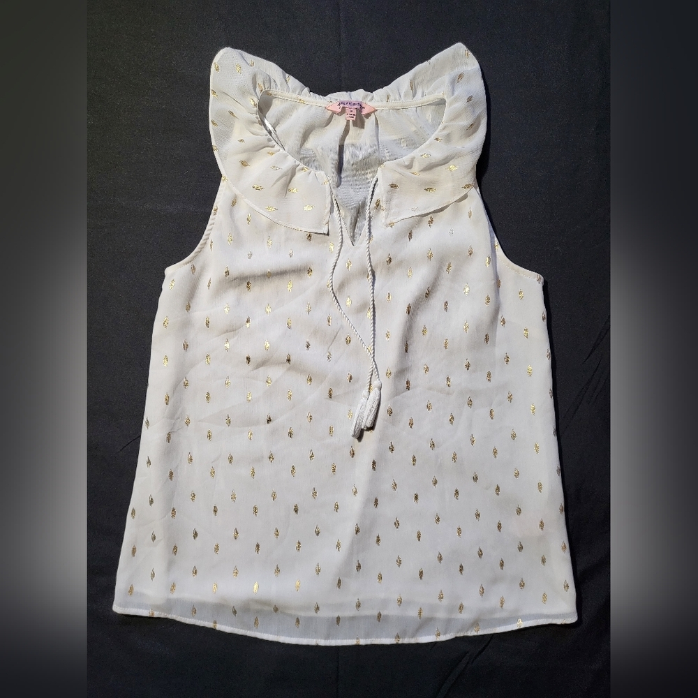 Juicy Couture Ruffle Neck Tassel Tank Blouse Womens Size Small White And Gold